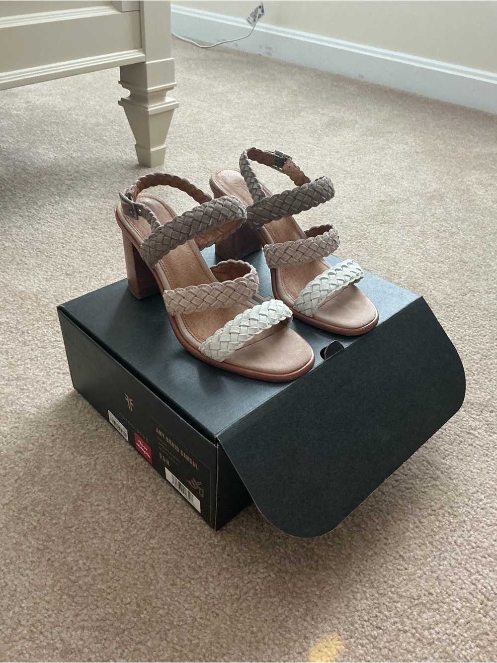 Frye Braided Triple-Strap Block Heel Sandals — Taupe and Light Beige